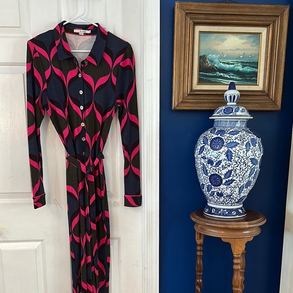 Women’s Boden Carnaby Blue & Pink Belted Long Sleeve Midi Dress Size 12L